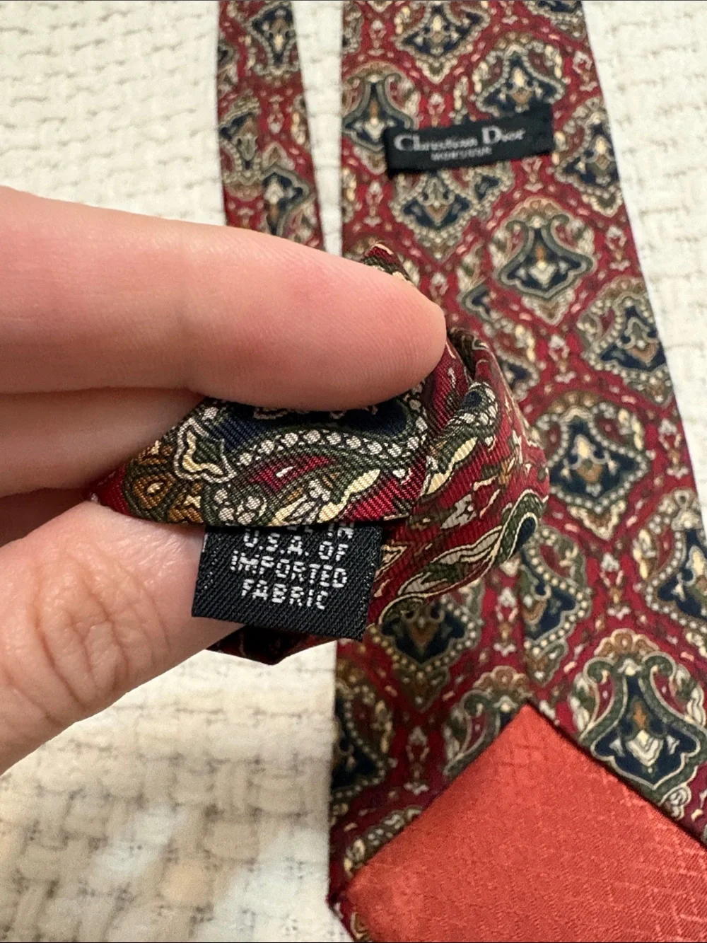Dior Men's Burgundy Paisley Tie with Navy and Cream Accents